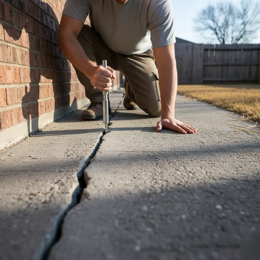 Crack injection during concrete slab foundation repair in Pflugerville
