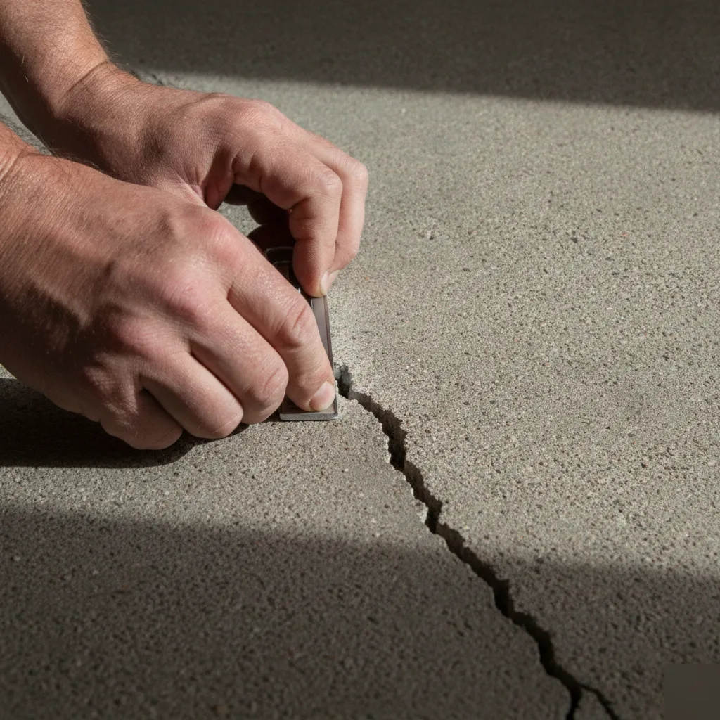 Close-up of a crack measurement gauge on a concrete slab in Pflugerville