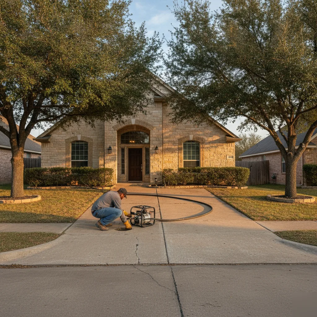 Mudjacking a concrete slab driveway during repair in Pflugerville, Texas