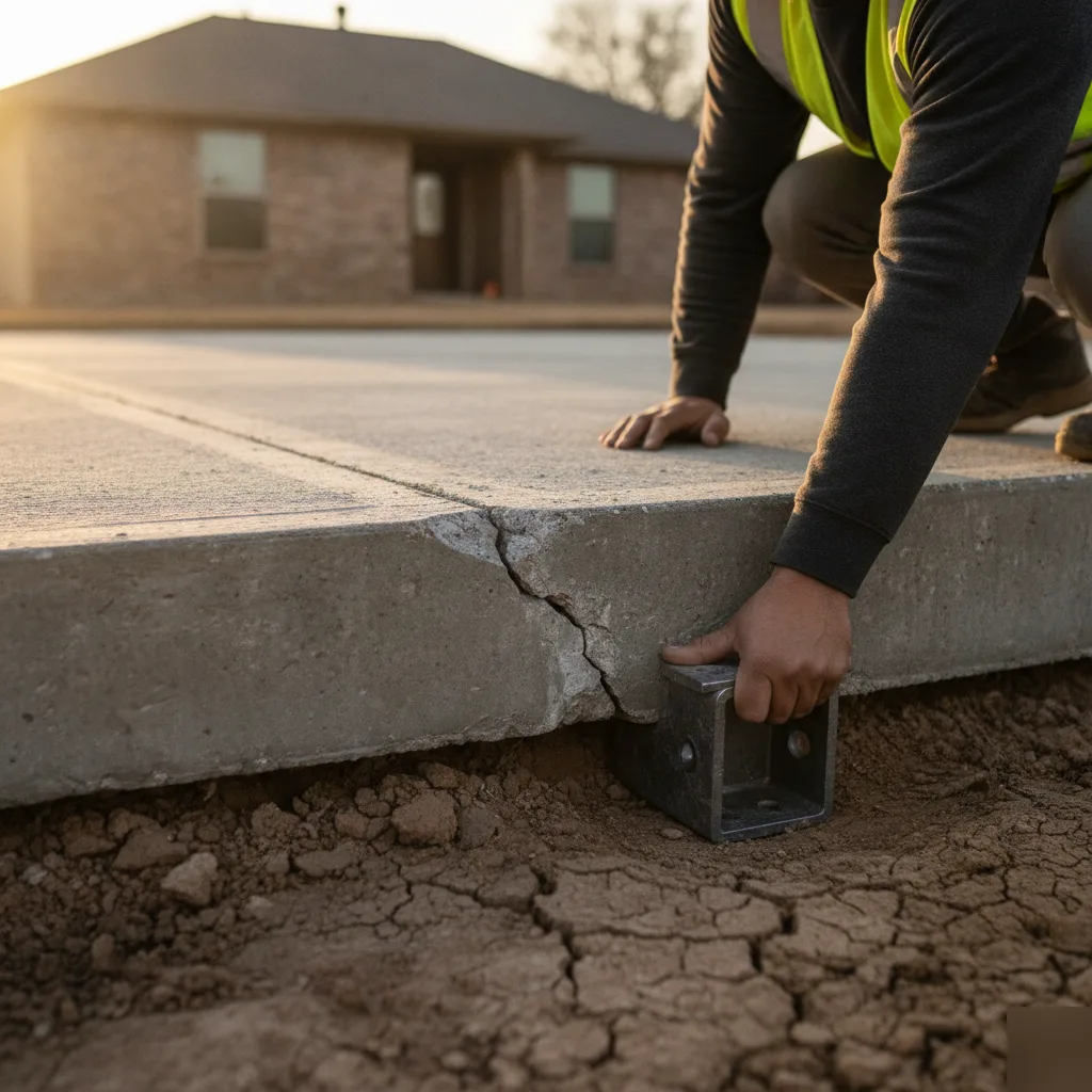 Crew positioning a pier beneath a settled slab foundation in Pflugerville