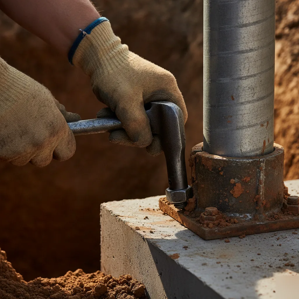 Push pier torque bolt set in the expansive clay soil beneath a Pflugerville foundation