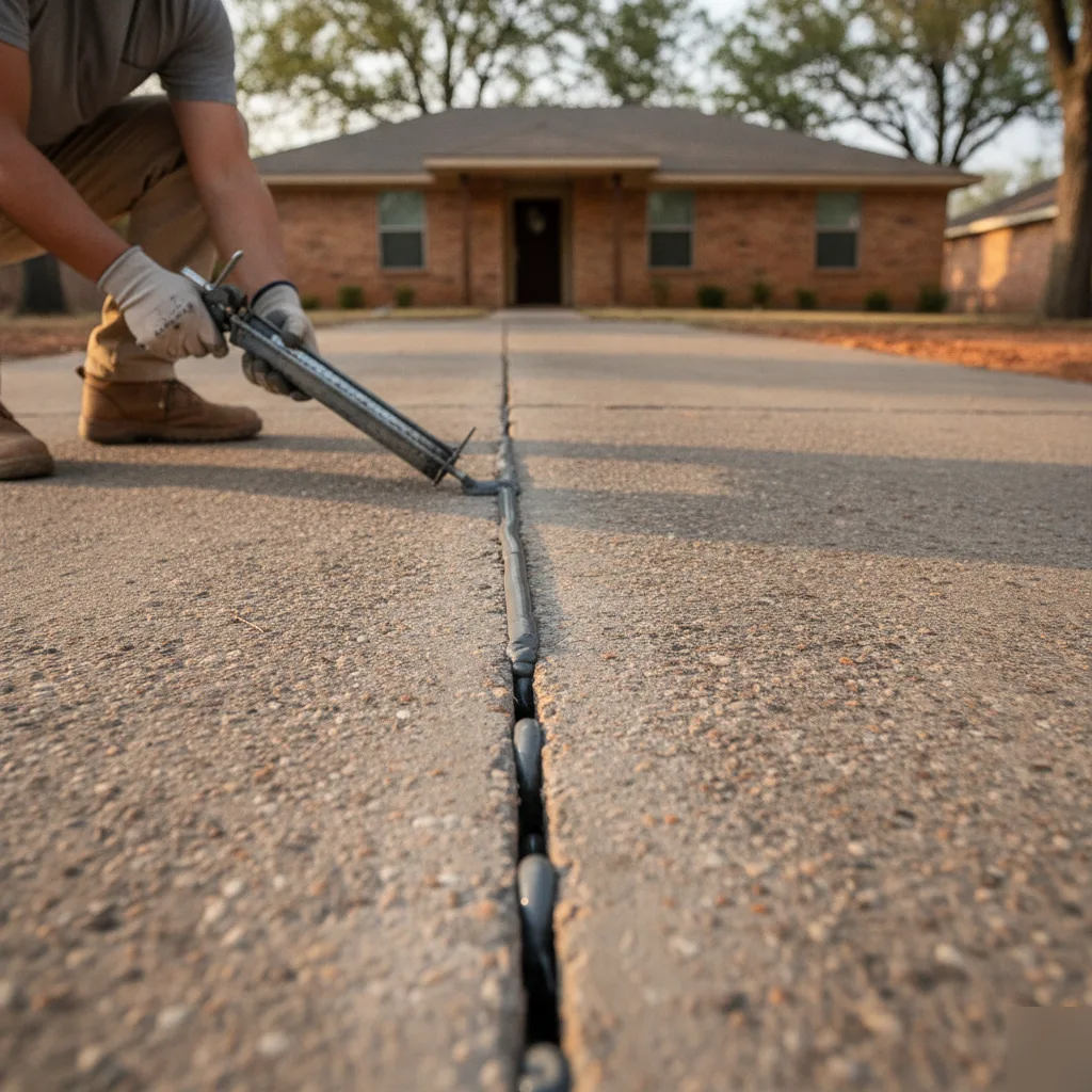 Crack filling on a concrete driveway slab during repair in Pflugerville