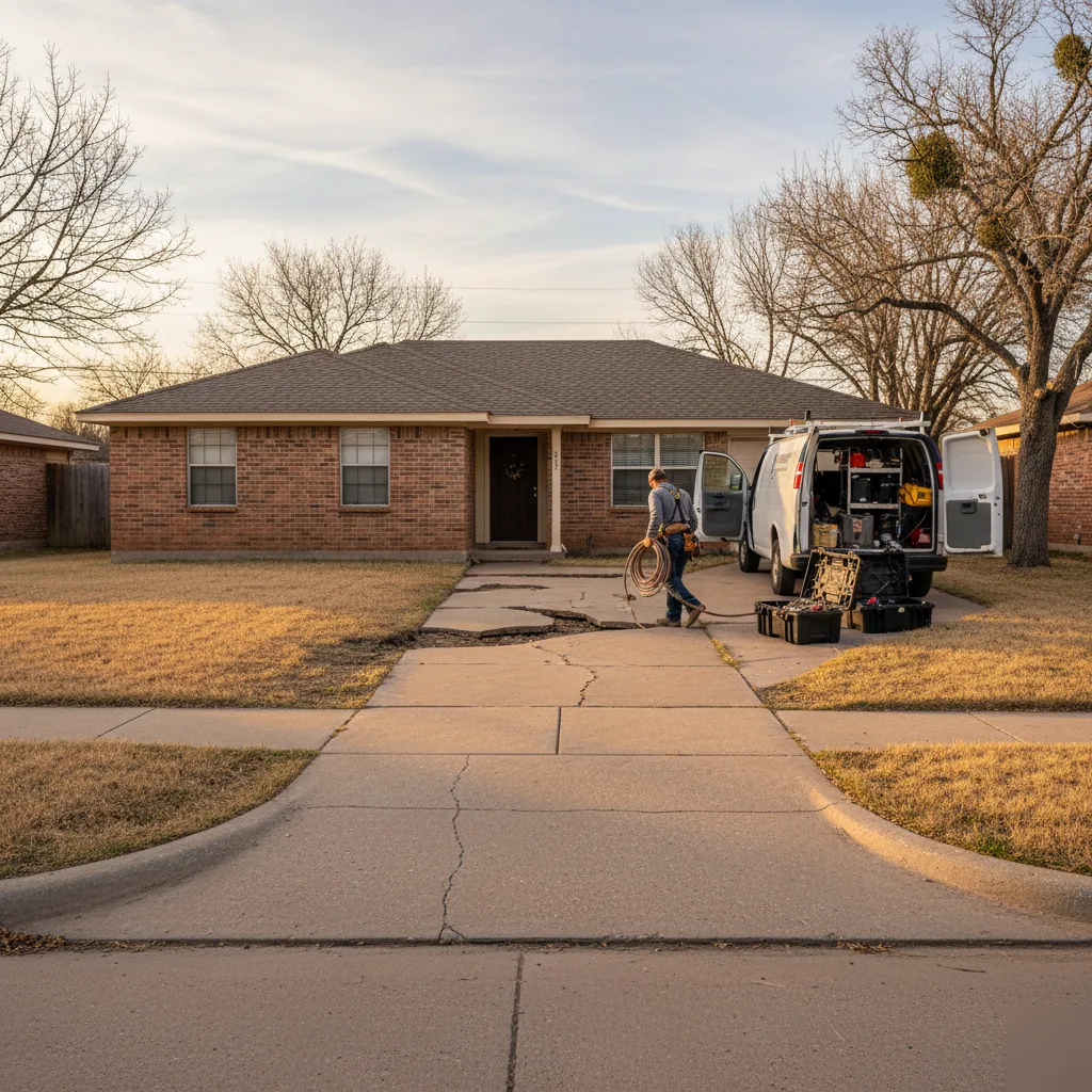 Crew lifting a settled driveway slab with polyurethane foam injection in a Pflugerville neighborhood