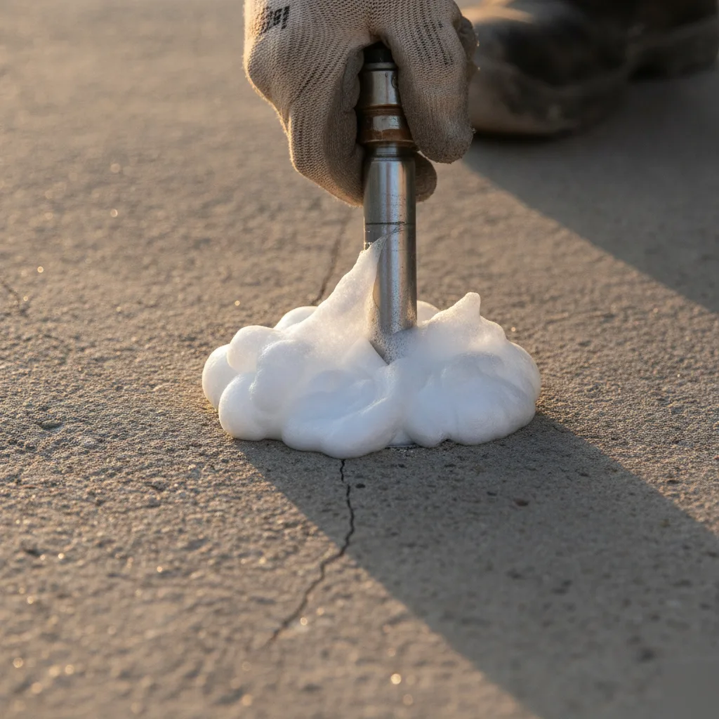 Polyurethane foam expanding through a dime-sized injection hole in a Pflugerville concrete slab