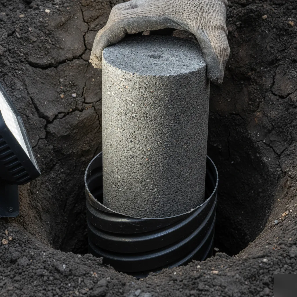 Concrete piling segment placed into a clay excavation during installation in Pflugerville