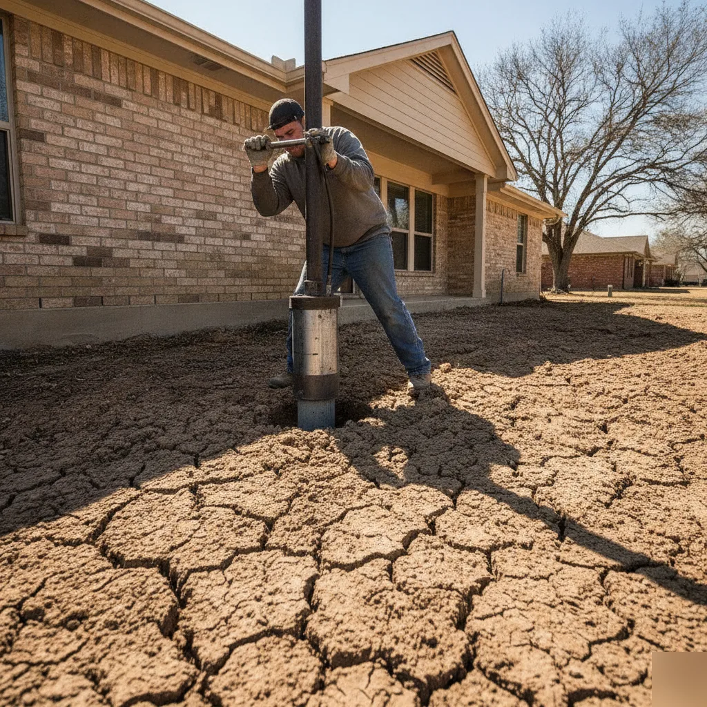 Pressed concrete pilings installed through clay soil beneath a Pflugerville slab foundation