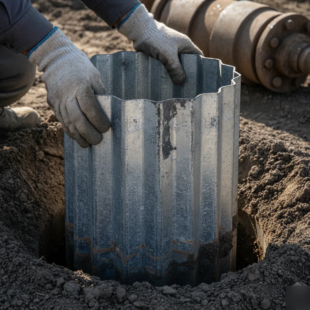 Concrete cylinder and steel shims securing a completed steel pier head in Pflugerville