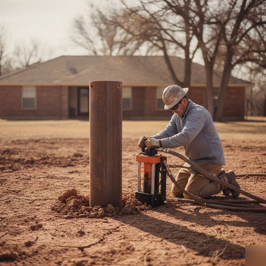 Schedule 80 steel pier section driven through clay soil beneath a Pflugerville slab foundation