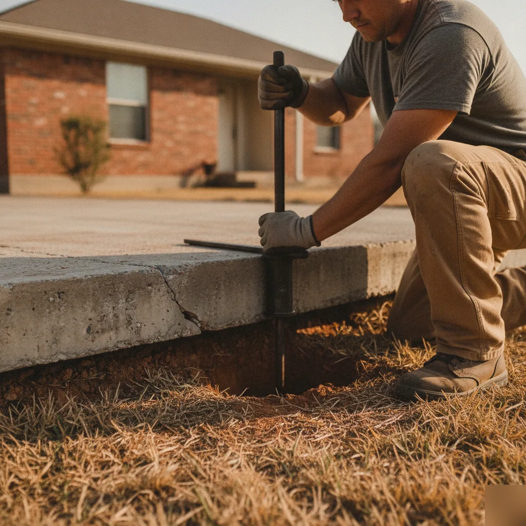 Slab pier installation underway during foundation repair in Pflugerville