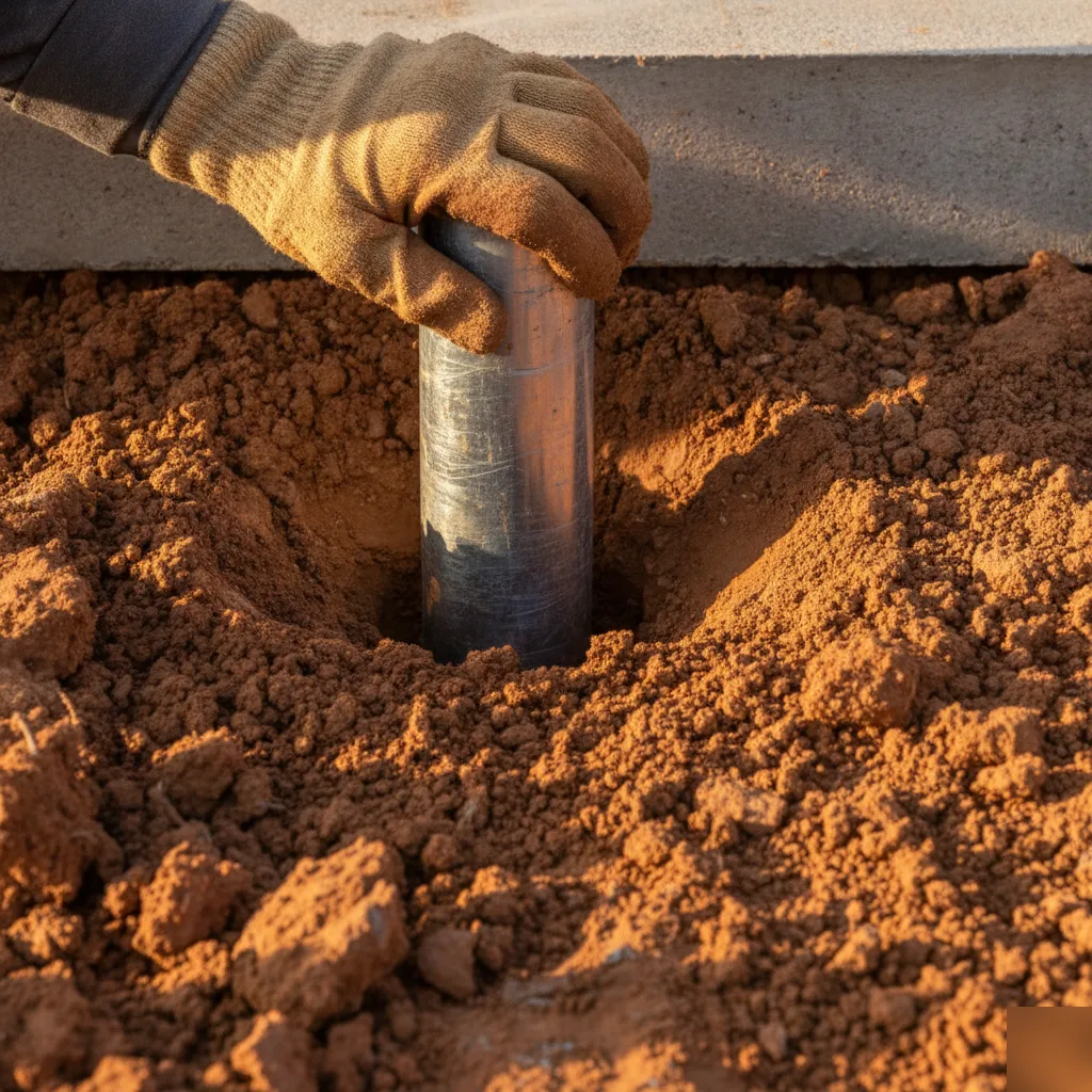 Steel pier shaft driven through clay soil beneath a slab foundation in Pflugerville