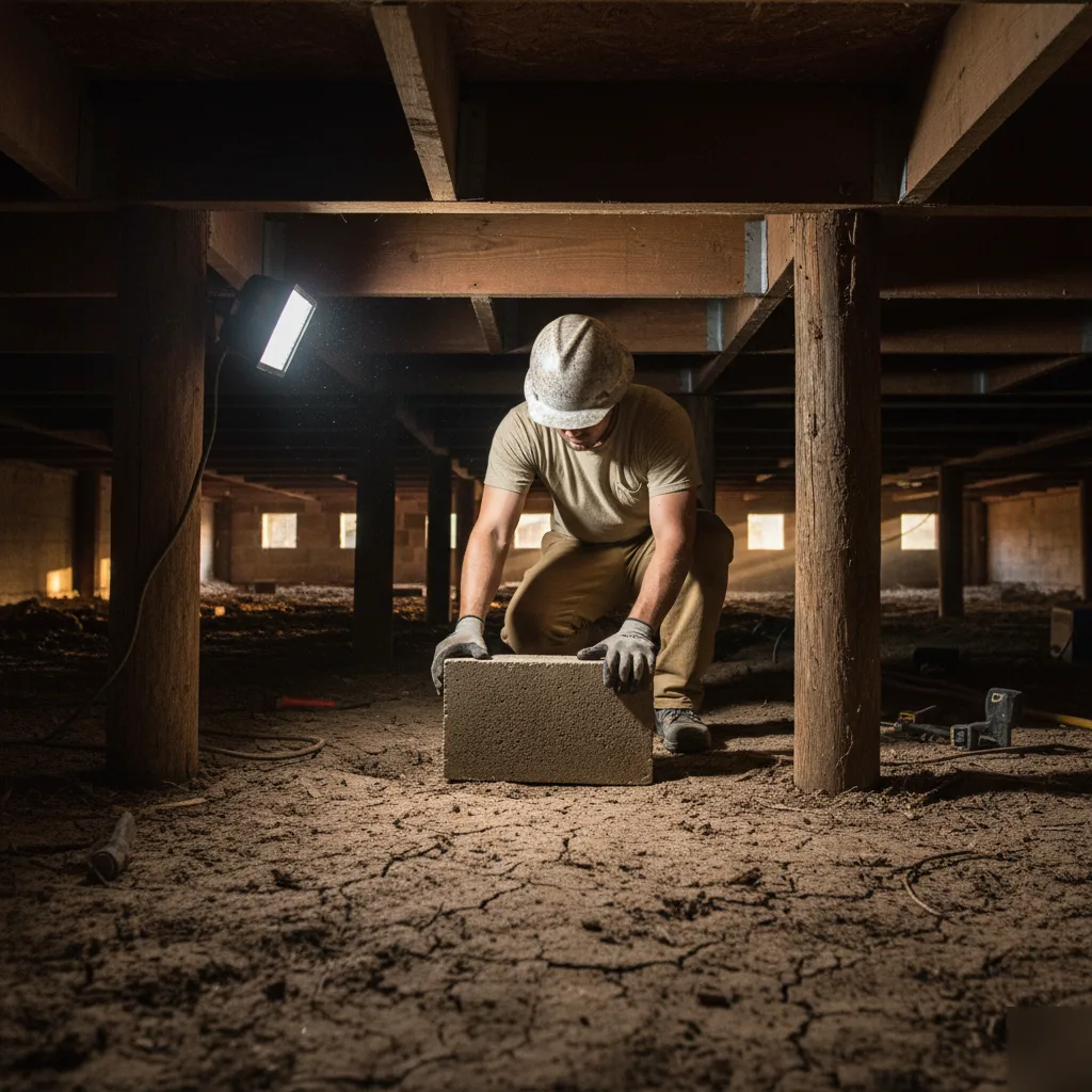 Technician performing block and base foundation repair in an Austin crawl space
