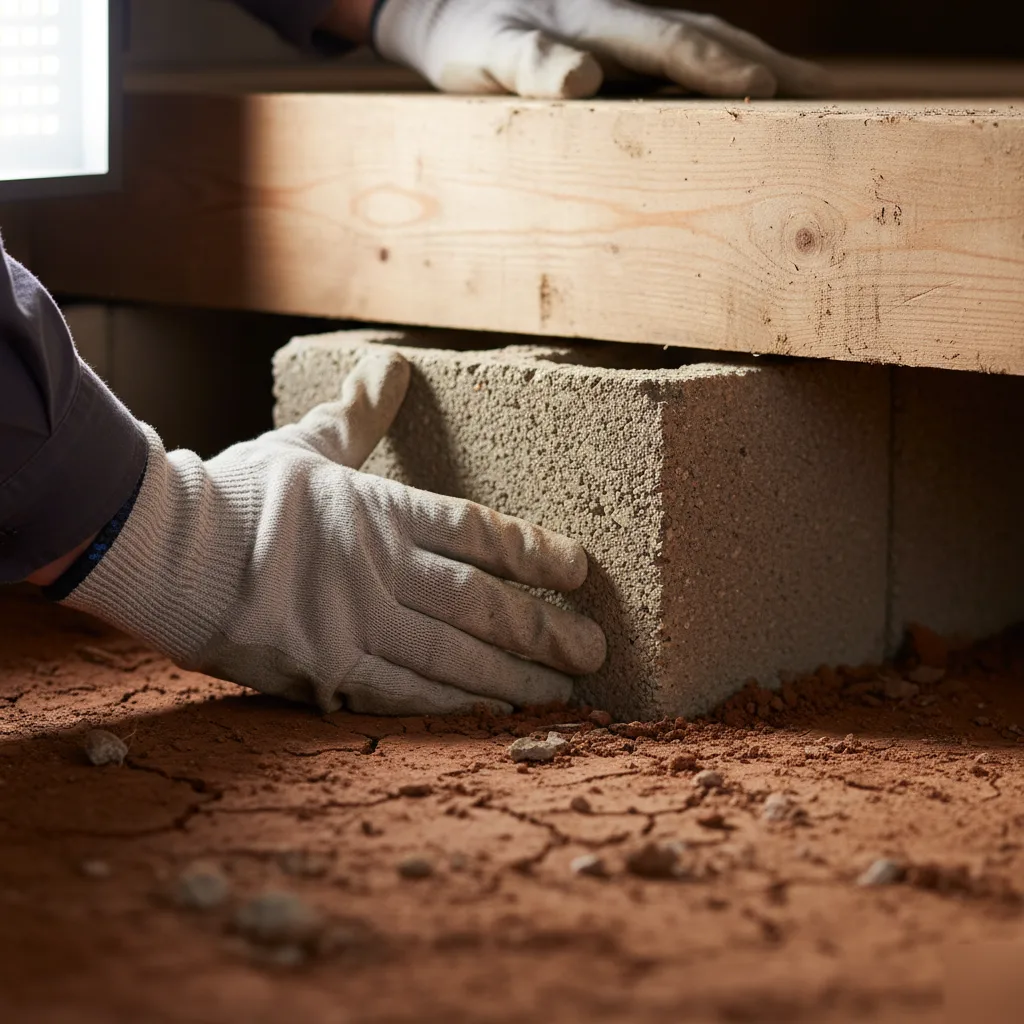 Concrete block placement during pier and beam foundation repair in Austin