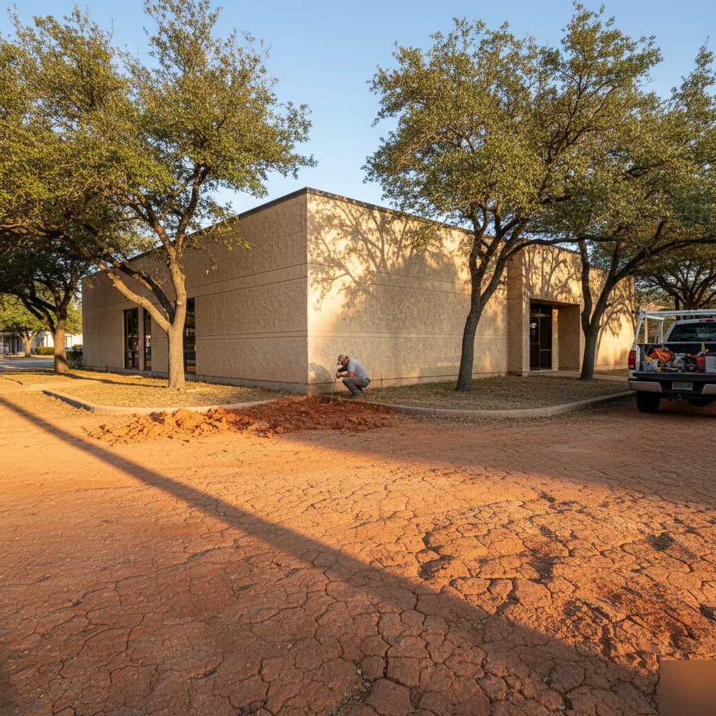 Commercial building exterior during a foundation assessment in Austin