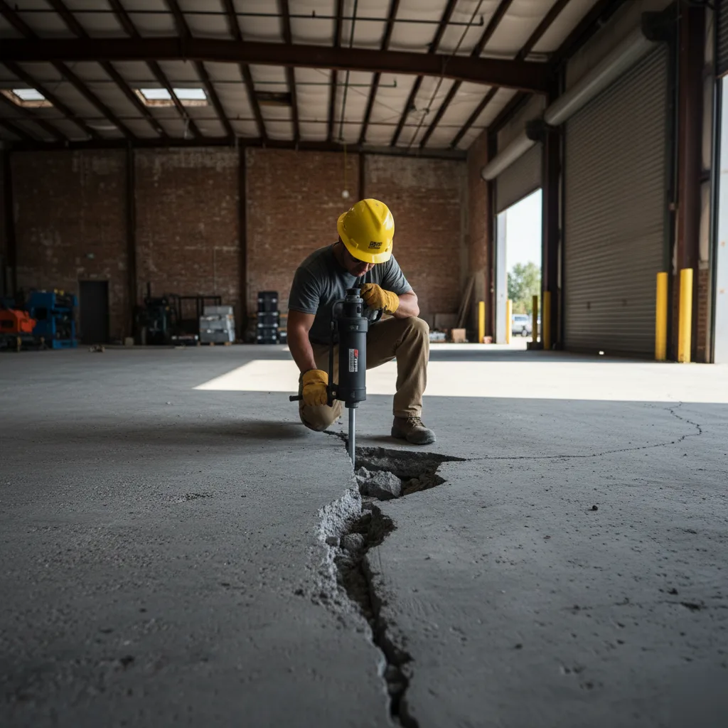 Hydraulic pier installation on a cracked commercial slab in Austin