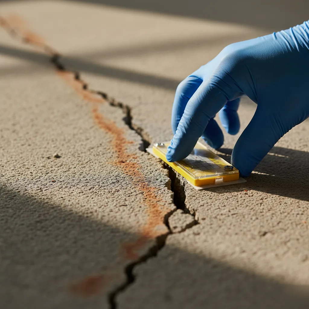Crack monitor gauge installed on a cracked commercial concrete floor in Austin