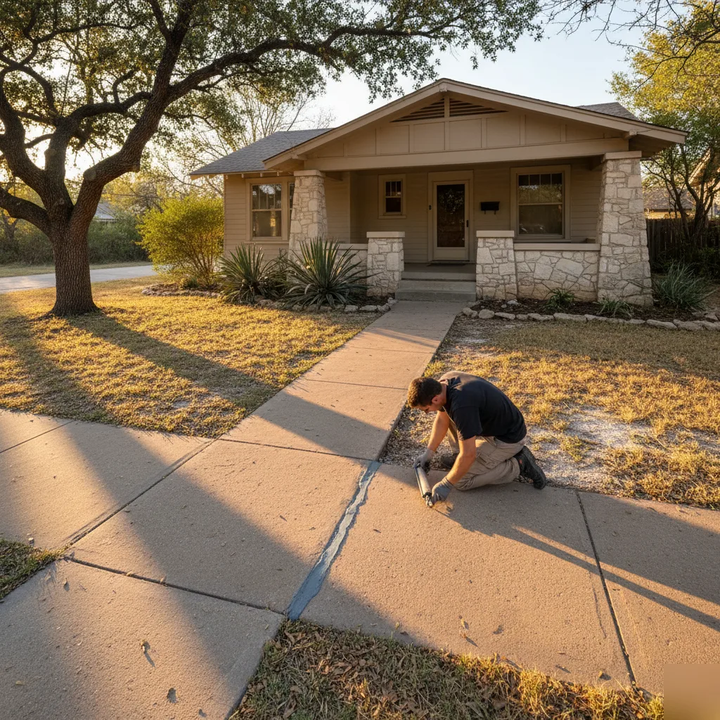 Concrete walkway crack repair at an Austin craftsman home