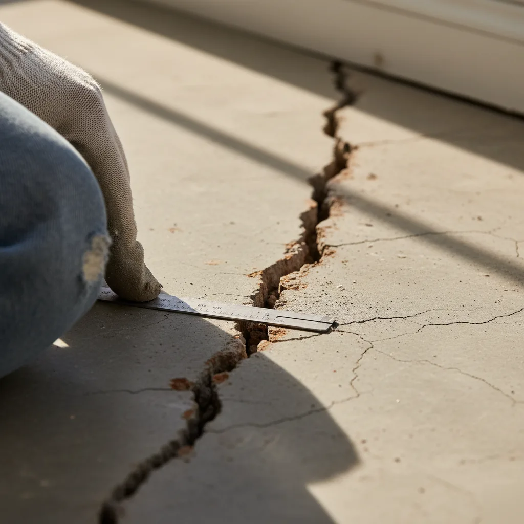 Technician measuring a concrete slab crack with a feeler gauge in an Austin home