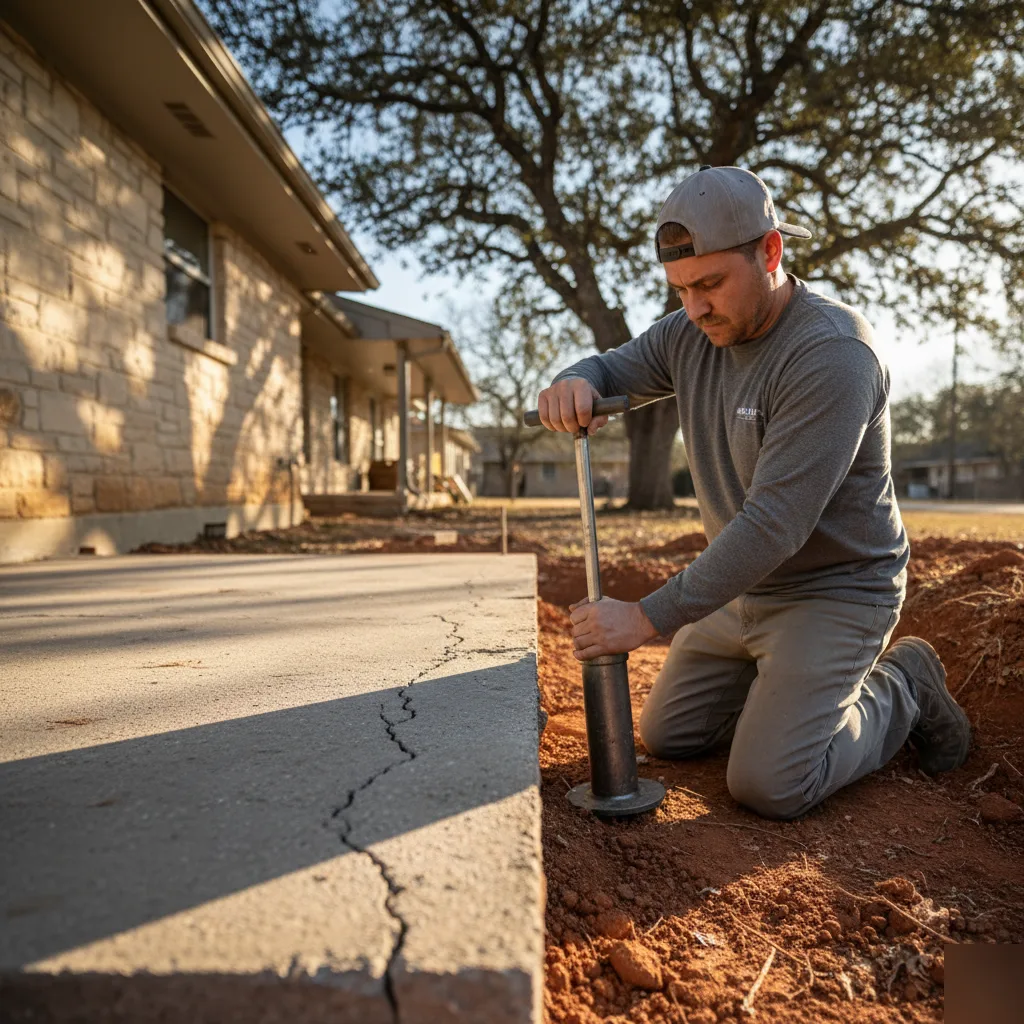 Hydraulic pier jack performing concrete slab foundation repair in Austin
