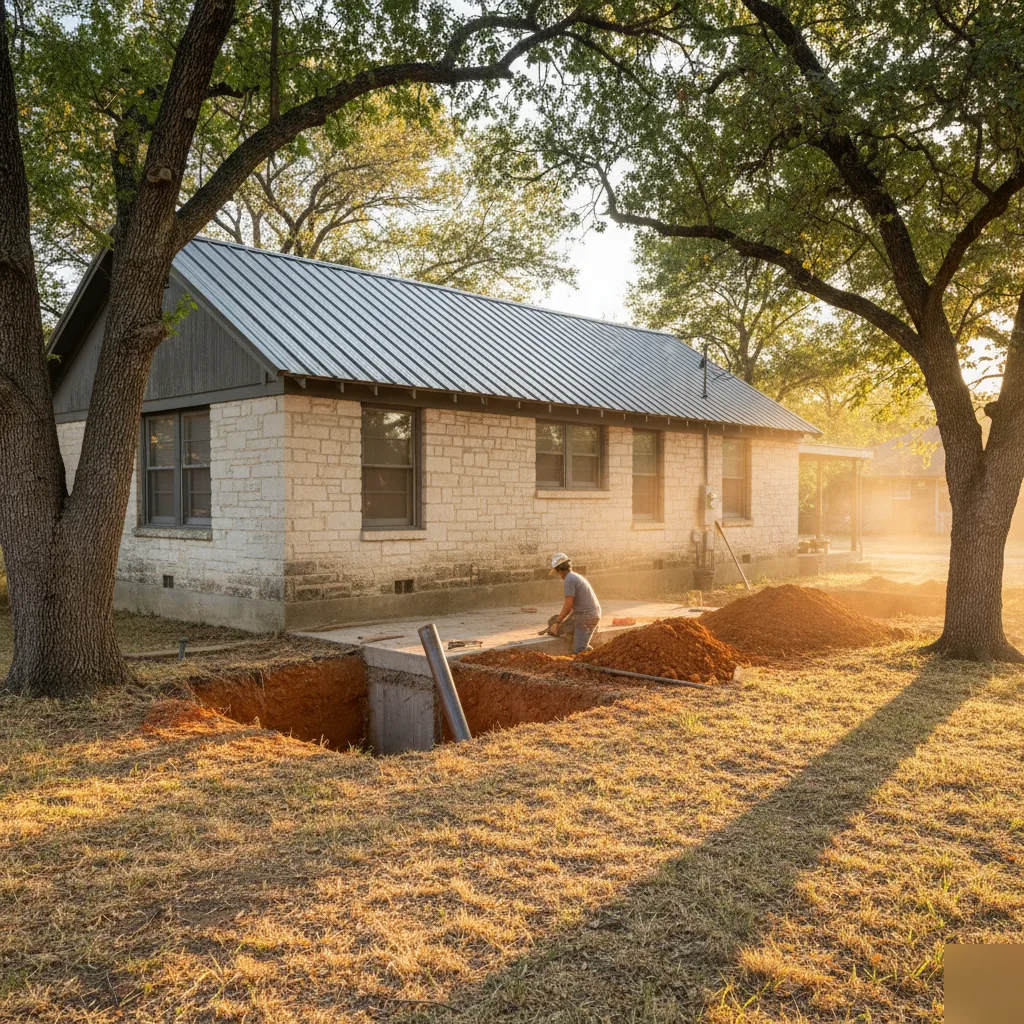Excavation trench dug along the perimeter of an Austin bungalow slab foundation