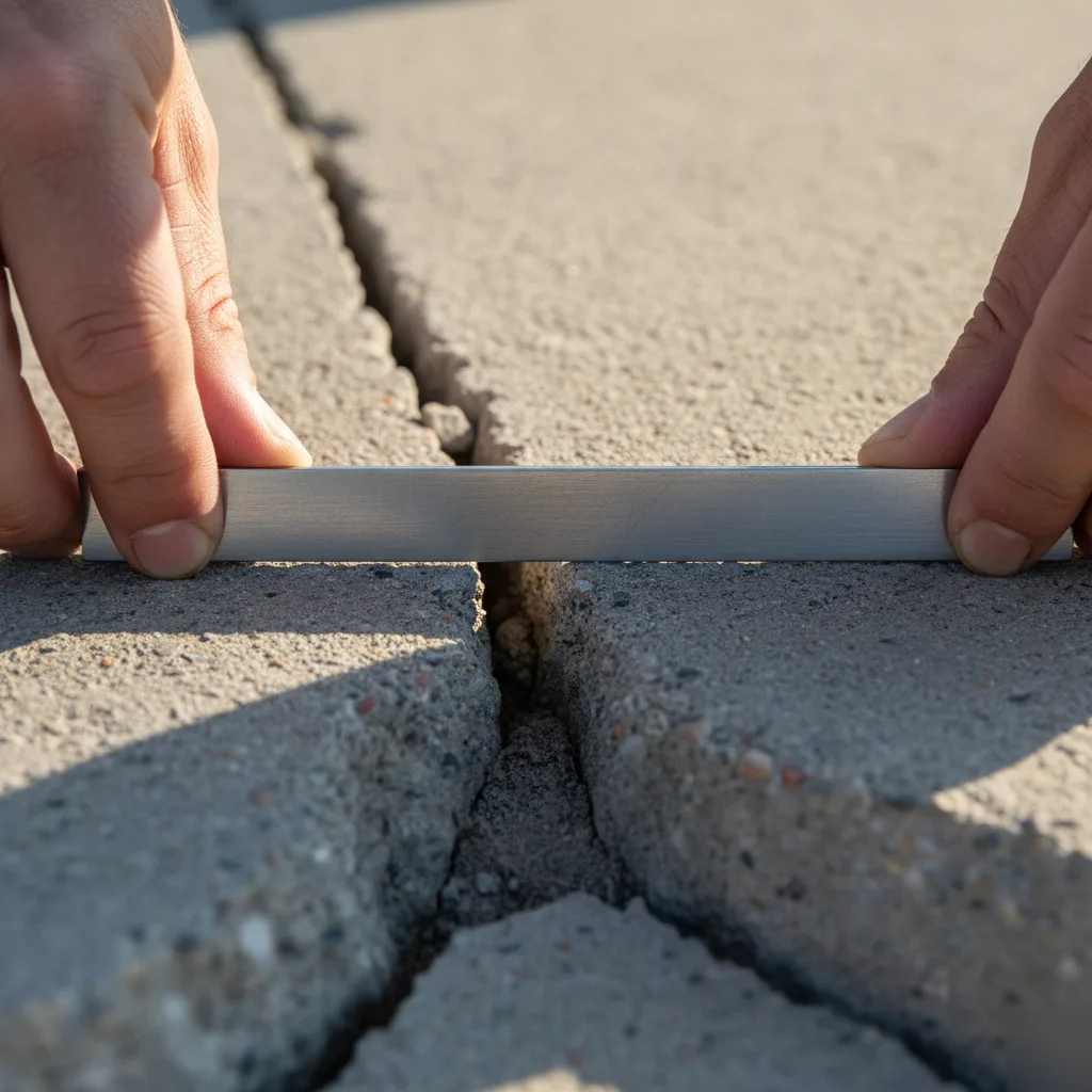 Measuring the width of a concrete slab crack with a gauge during an Austin repair