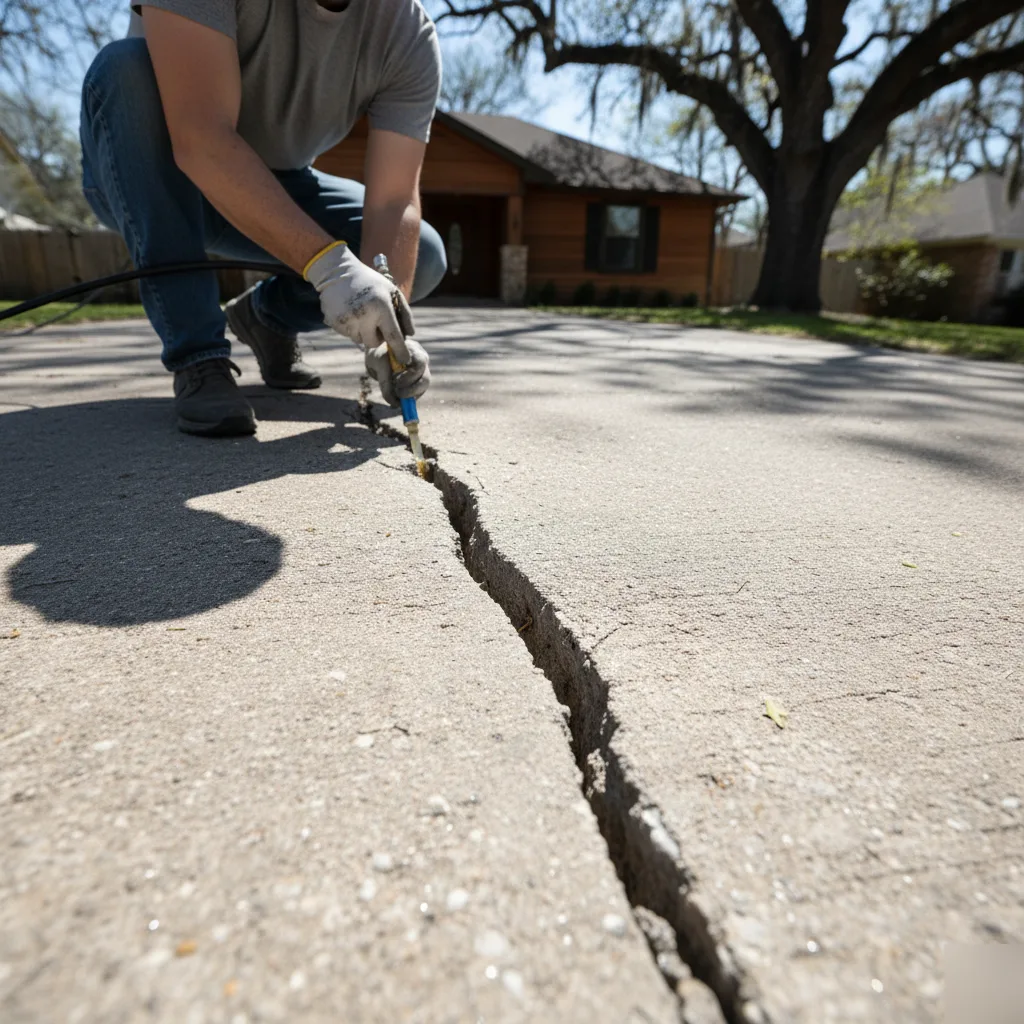 Crack injection sealing a concrete slab on an Austin driveway