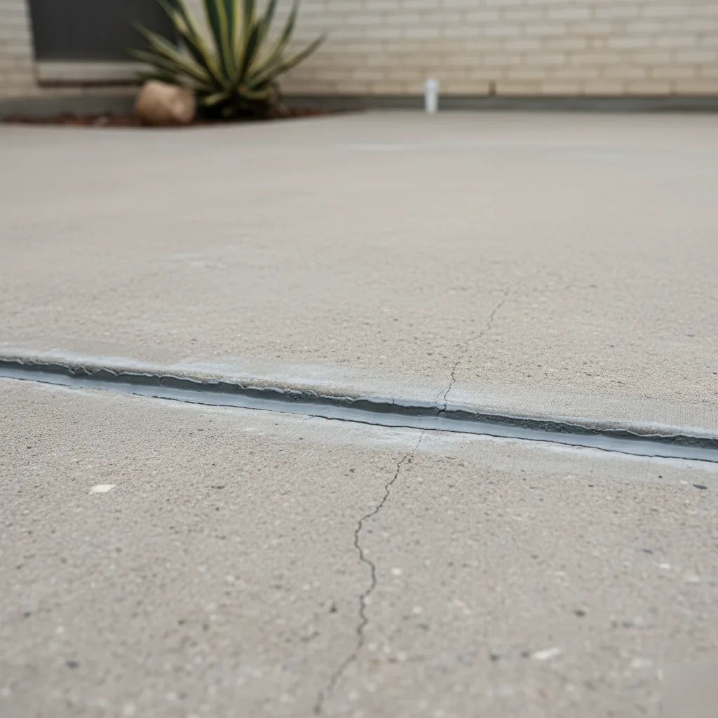 Finished concrete slab repair with epoxy seal on an Austin patio