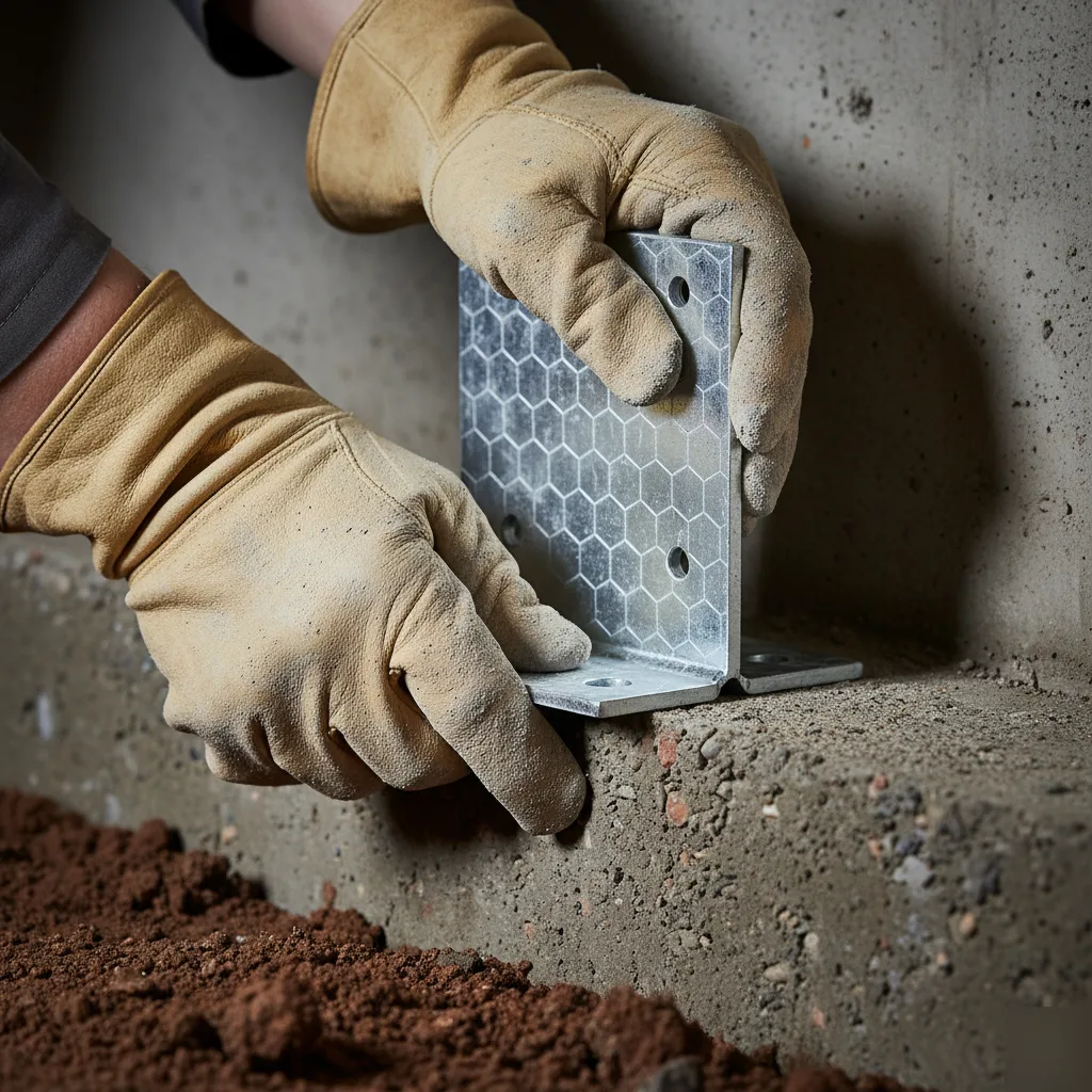 Steel bracket and footing installed during concrete underpinning in Austin