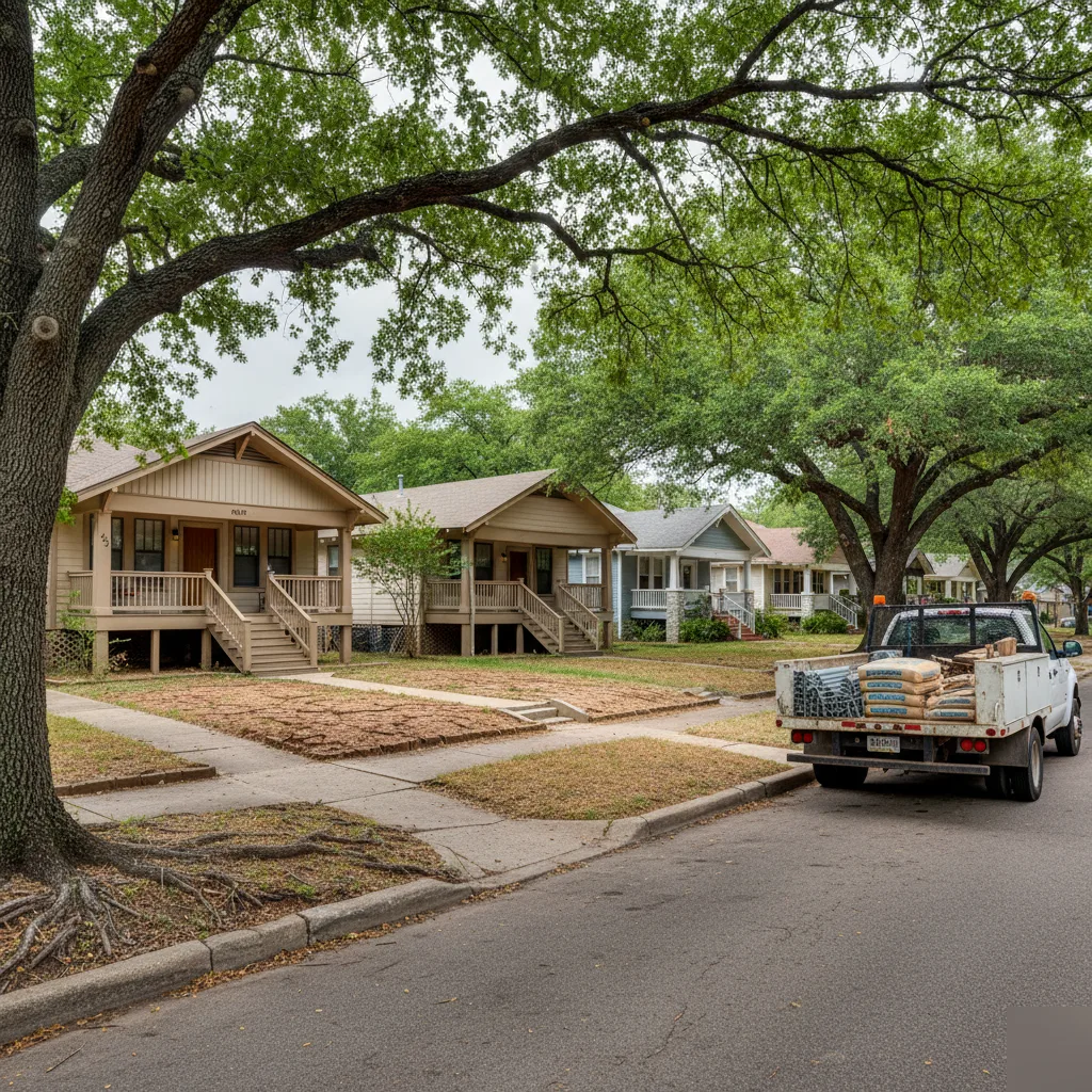 Austin neighborhood street with pier and beam home foundation repair underway