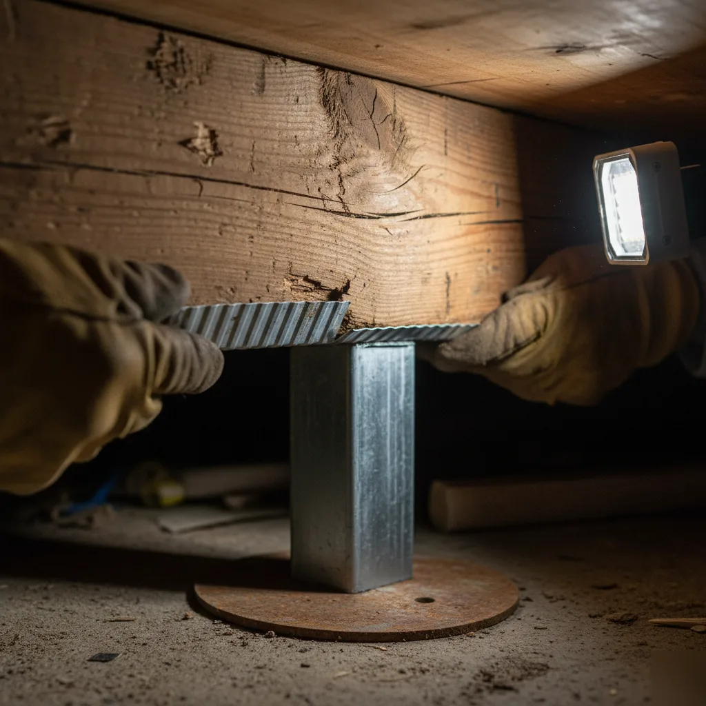 Shim installation on a steel support post cap in an Austin crawl space