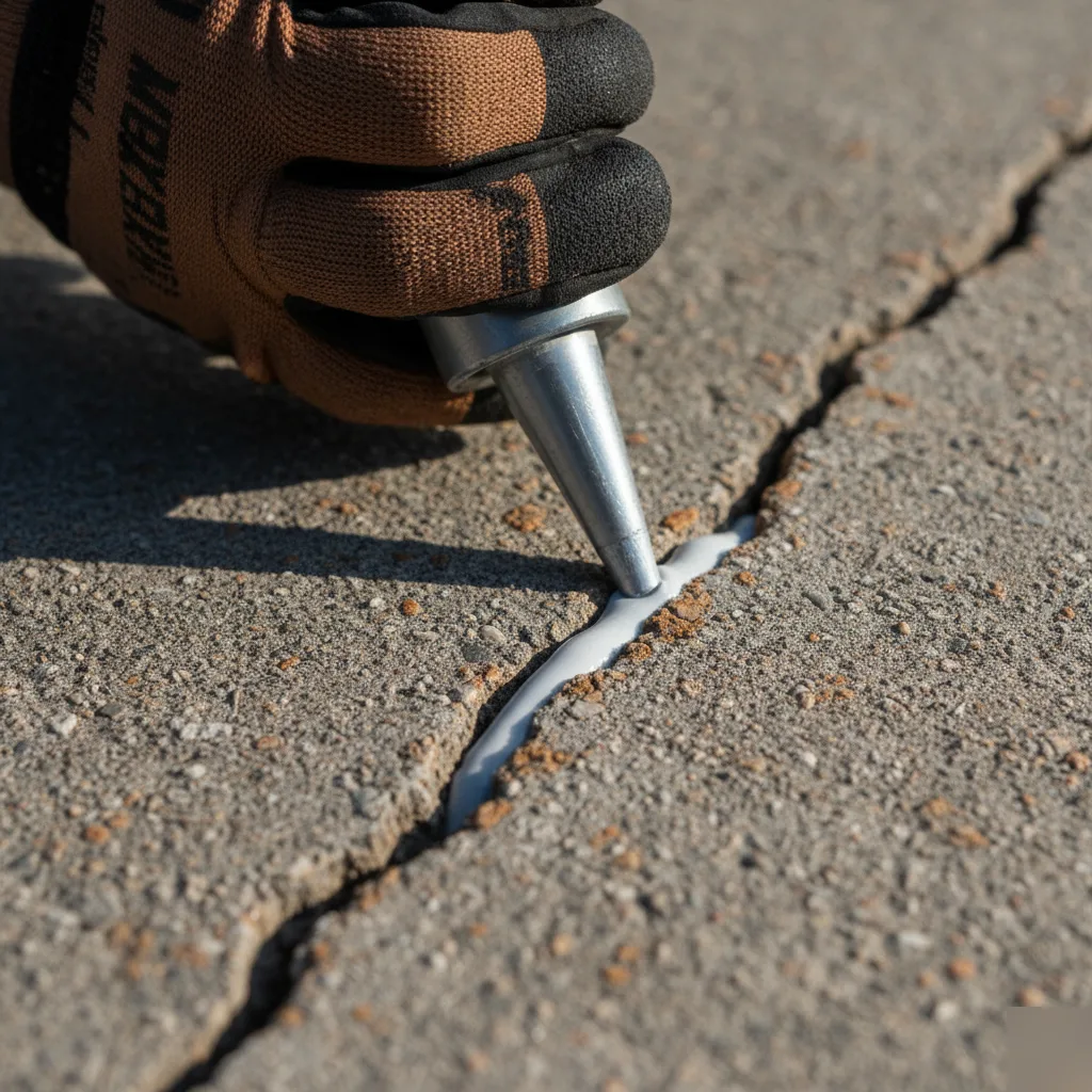 Close-up of crack sealant being injected into a settled concrete driveway in Austin