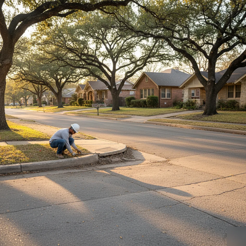 Heaved concrete at a driveway apron meeting the street in Austin