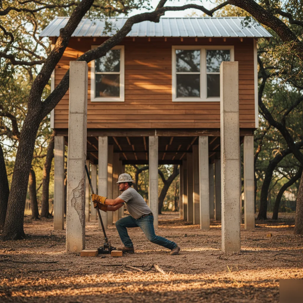 Elevated piling foundation repair using a hydraulic jack in Austin