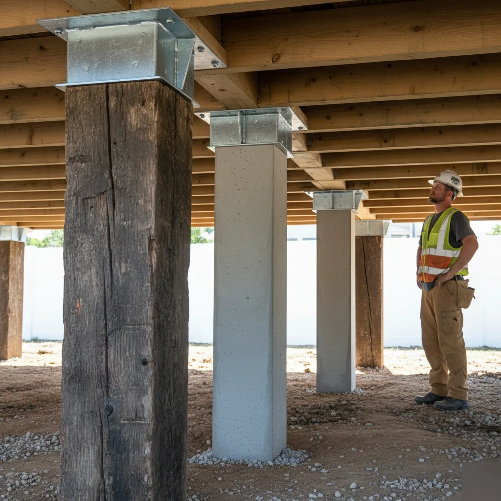 New concrete stilt column installed during elevated foundation repair in Austin