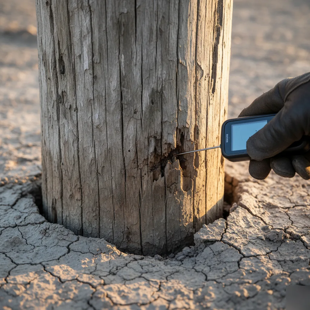 Moisture meter checking rot damage on a wood piling beneath an elevated Austin home