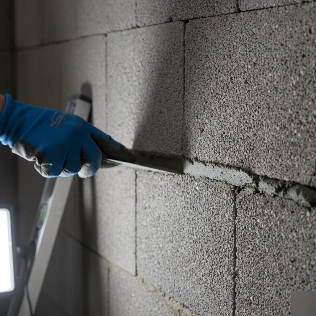 Troweling a mortar joint while laying a foundation block wall in Austin