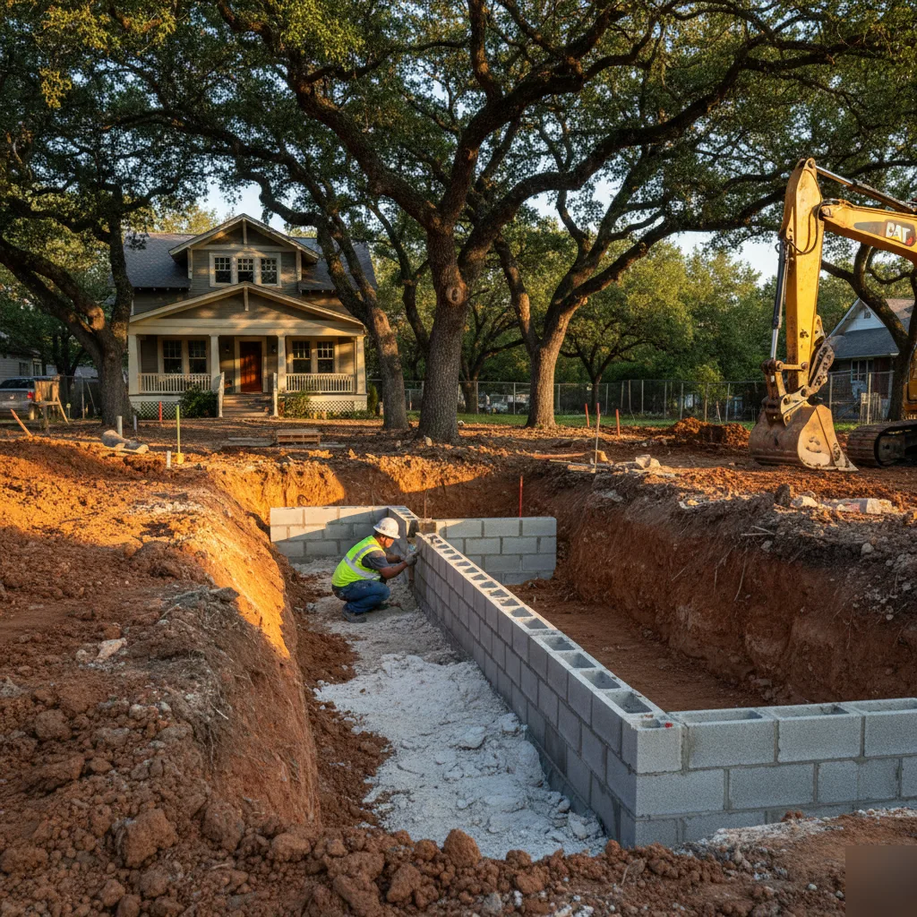 Foundation block wall excavation through limestone and clay soil in Austin