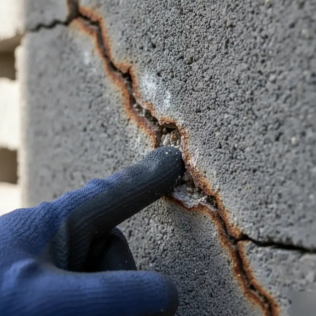 Stair-step crack in a concrete block wall on an Austin home