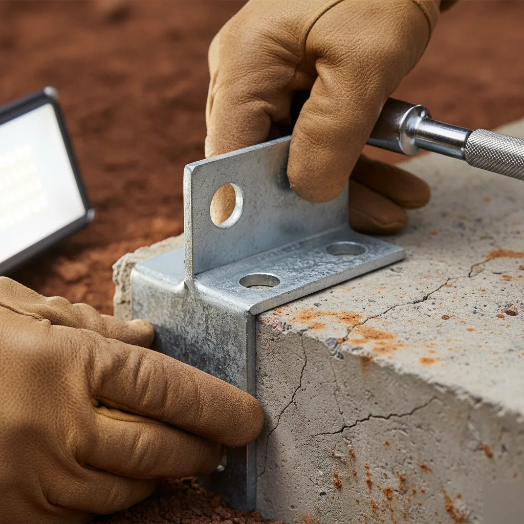 Foundation pier bracket and concrete footing detail during house leveling in Austin