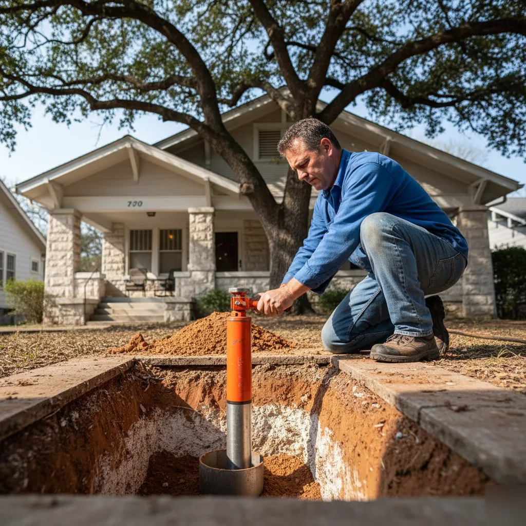 Hydraulic pier installation during house leveling in Austin