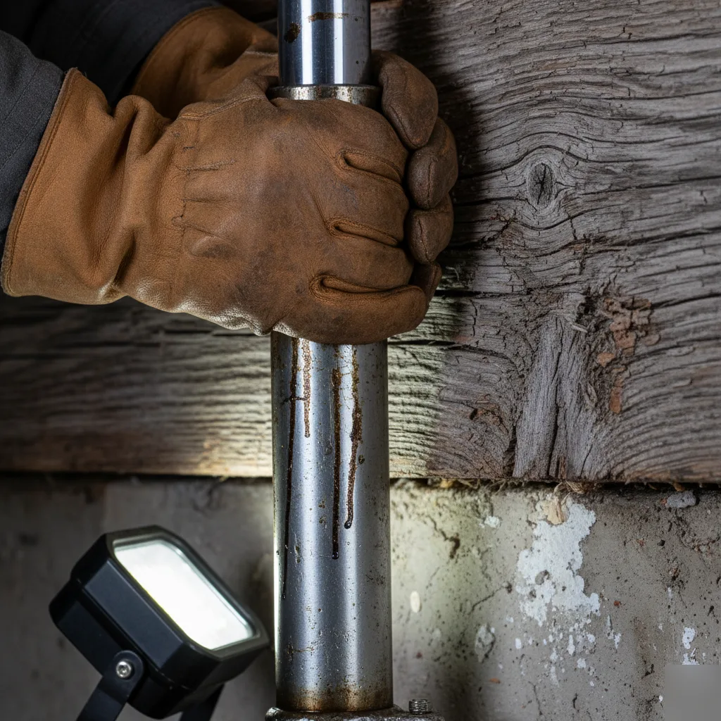 Hydraulic jack lifting at the sill plate of a pier and beam home in Austin