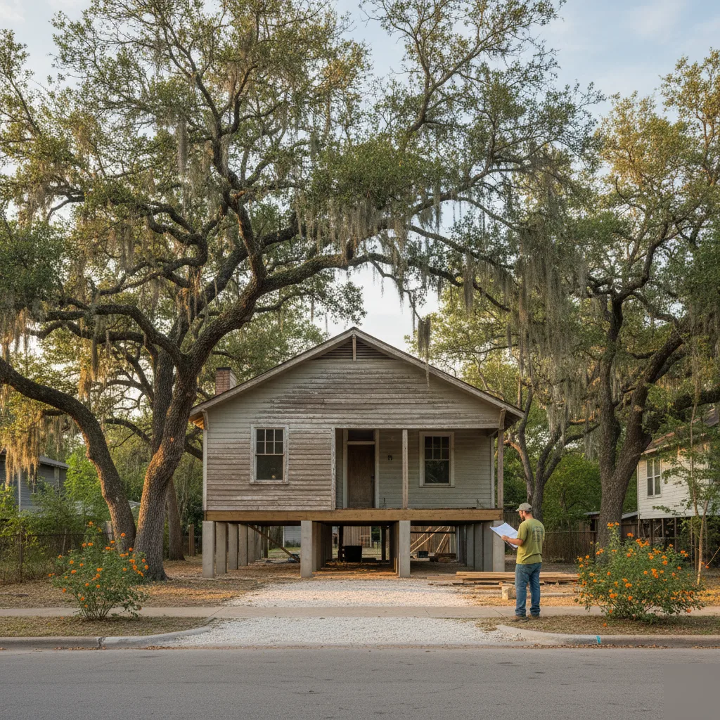 Elevation review of a raised East Austin home shaded by live oaks