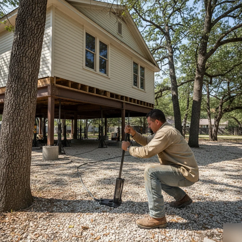 Hydraulic lift raising a pier and beam home in Austin