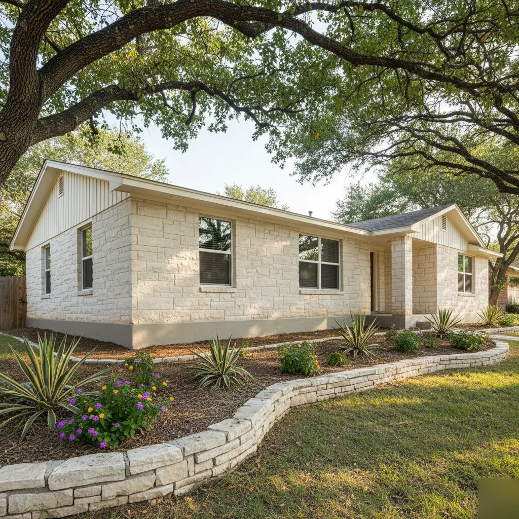 Completed masonry repair on a limestone home in Austin