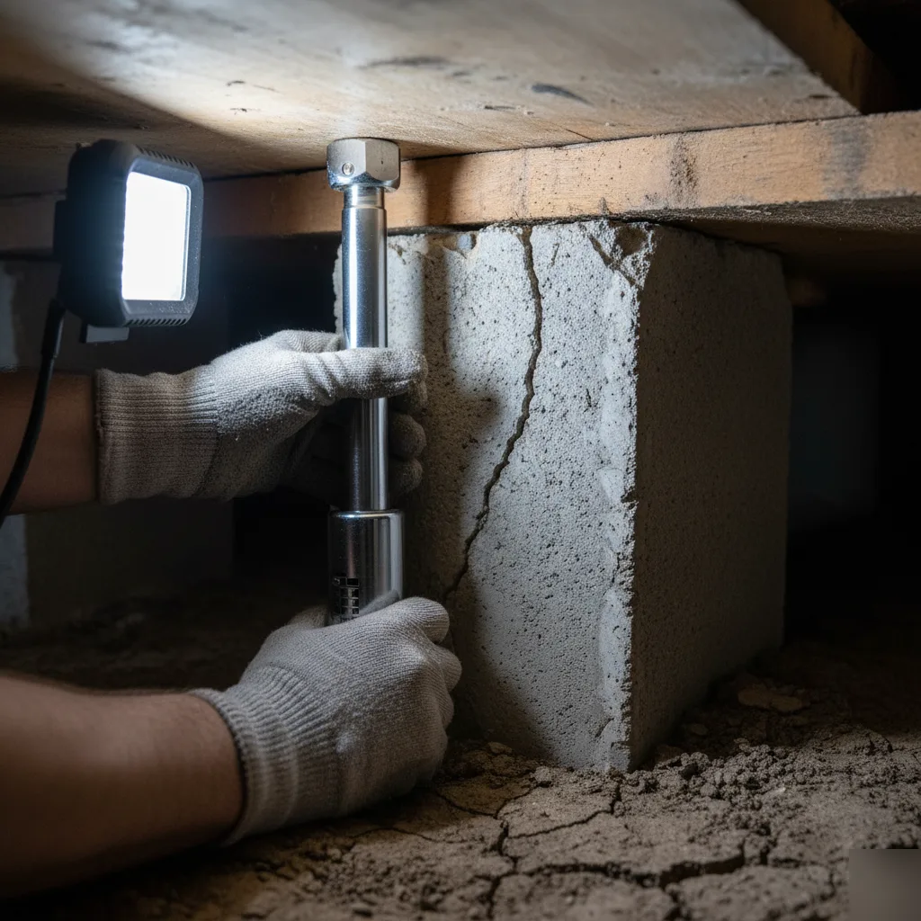 Hydraulic jack supporting a cracked pier during block and base foundation repair in Austin