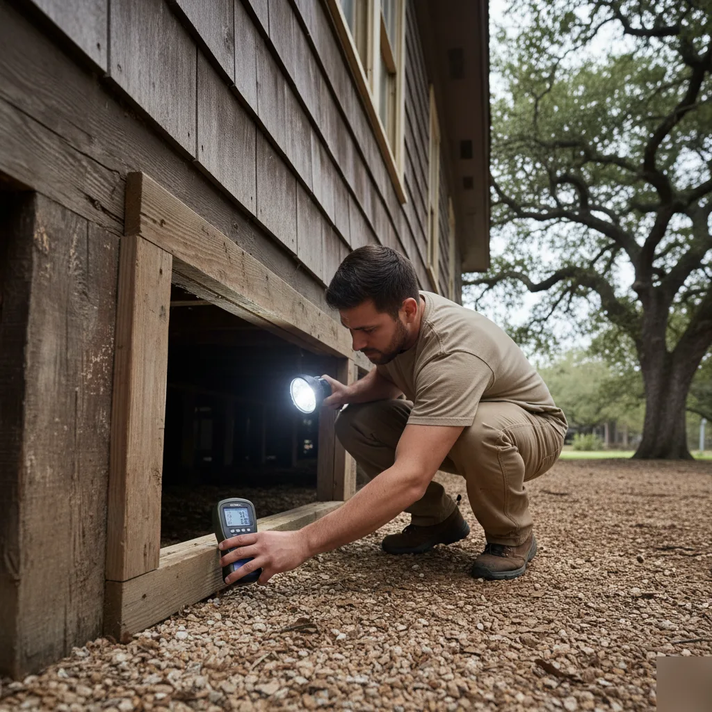 Moisture meter inspection of a pier and beam foundation in an Austin crawl space