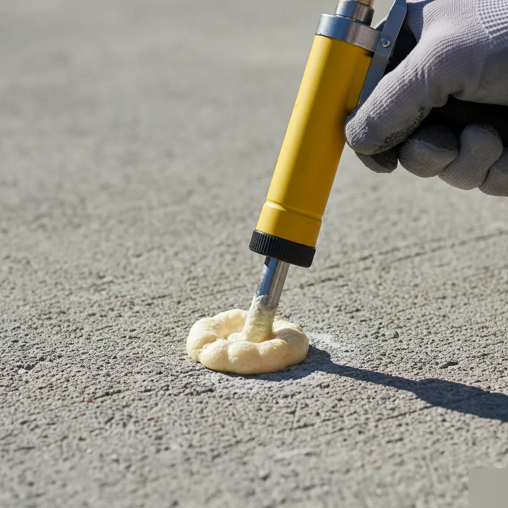 Expanding polyurethane foam injected through a port in an Austin concrete slab