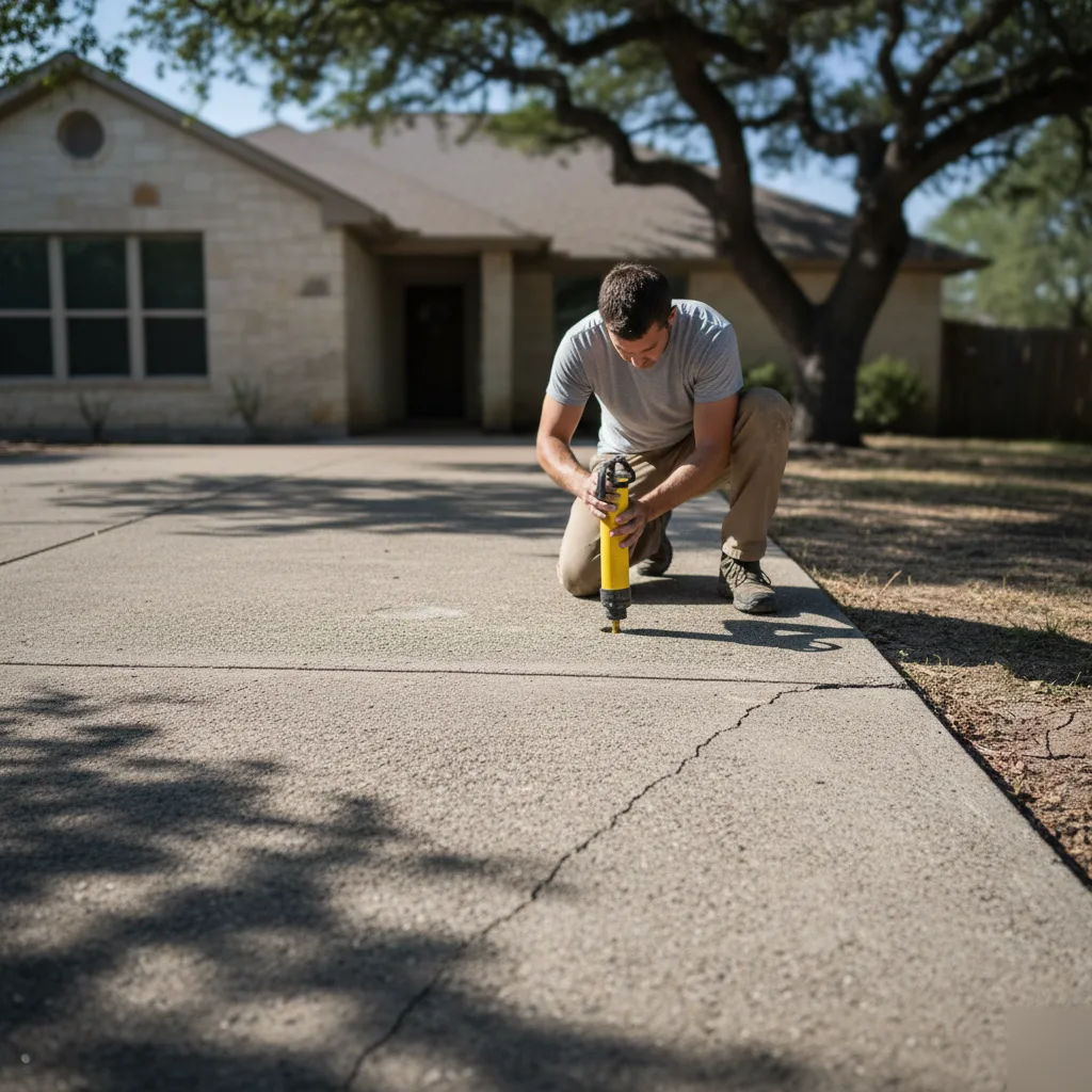 Polyurethane foam injection lifting a sunken driveway slab in Austin