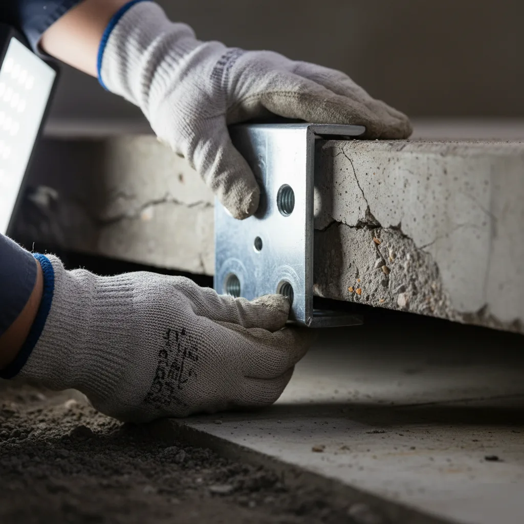 Steel slab pier bracket fitted against a cracked concrete foundation footing in Austin