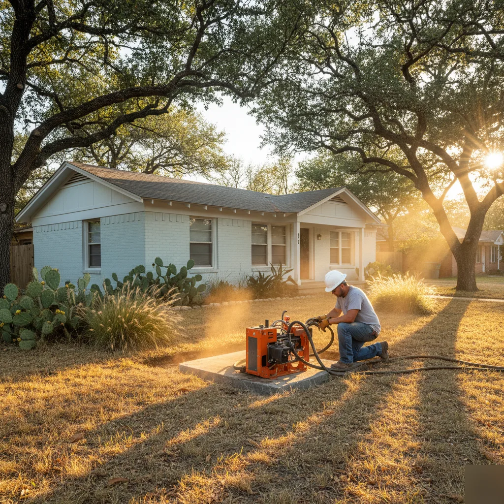 Restored residential slab foundation on an Austin bungalow at golden hour
