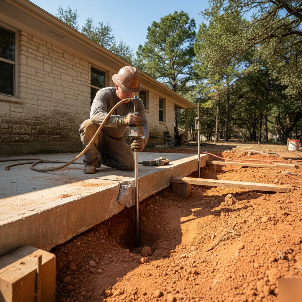 Steel push pier driven into expansive clay soil beneath an Austin slab foundation